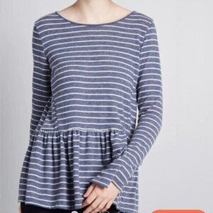 Modcloth Peplum Long Sleeve Knit Top Blue White Striped